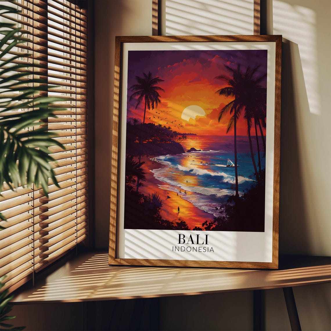 Bali Fiery Sunset Beach Palm Silhouettes Surfers Ocean Poster - Image 3