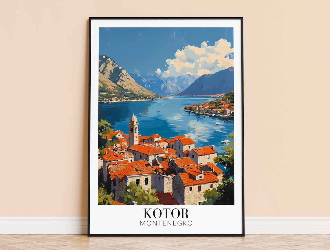 Kotor Montenegro Poster with Red Rooftop Old Town above the Blue Bay
