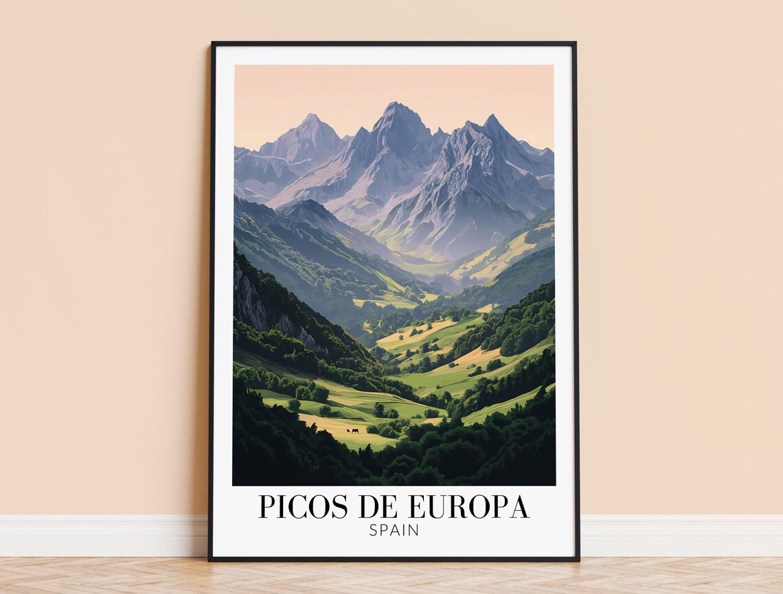 Picos de Europa Spain Green Mountain Valley Peaks Travel Poster
