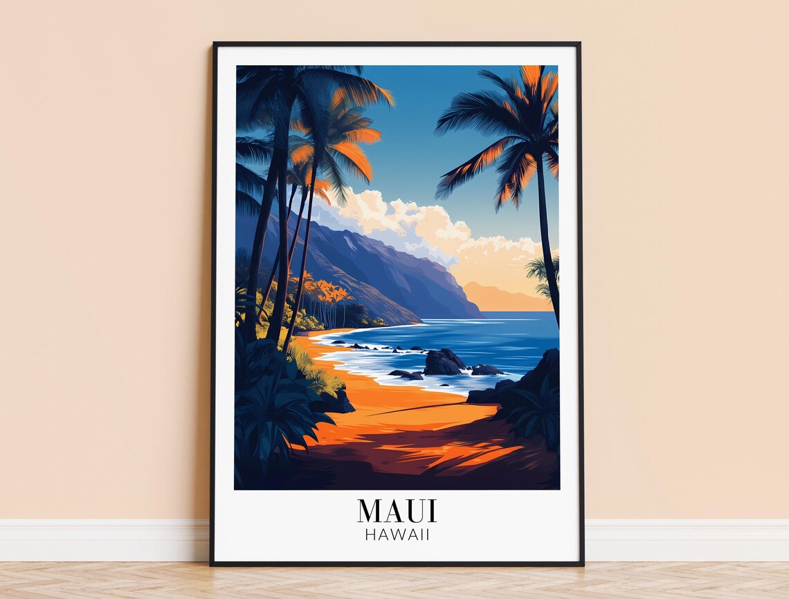 Maui Hawaii Sunset Beach Poster with Palm Trees and Ocean Waves