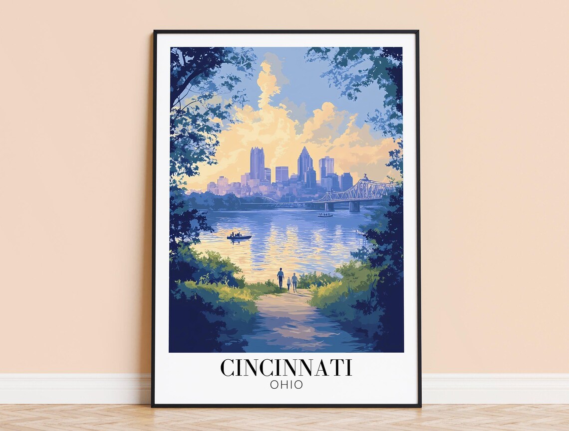 Cincinnati Ohio River Skyline Bridge Golden Evening Travel Poster