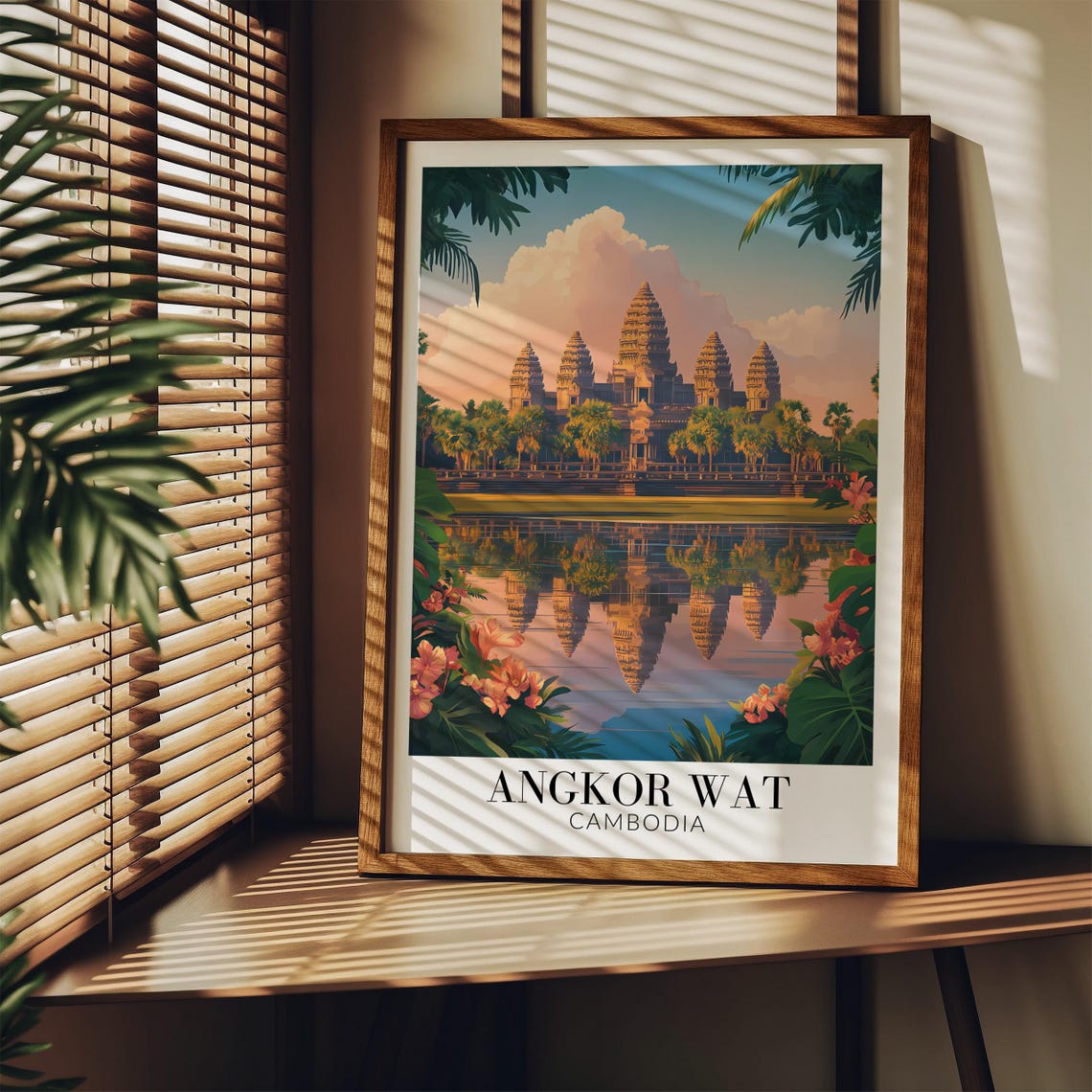 Angkor Wat Cambodia Five Towers Moat Reflection Flowers Poster - Image 3