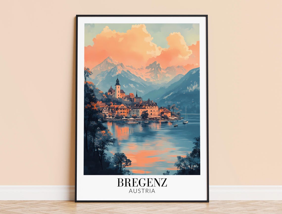 Bregenz Sunset Lake Reflection Pink Clouds Austria Travel Poster