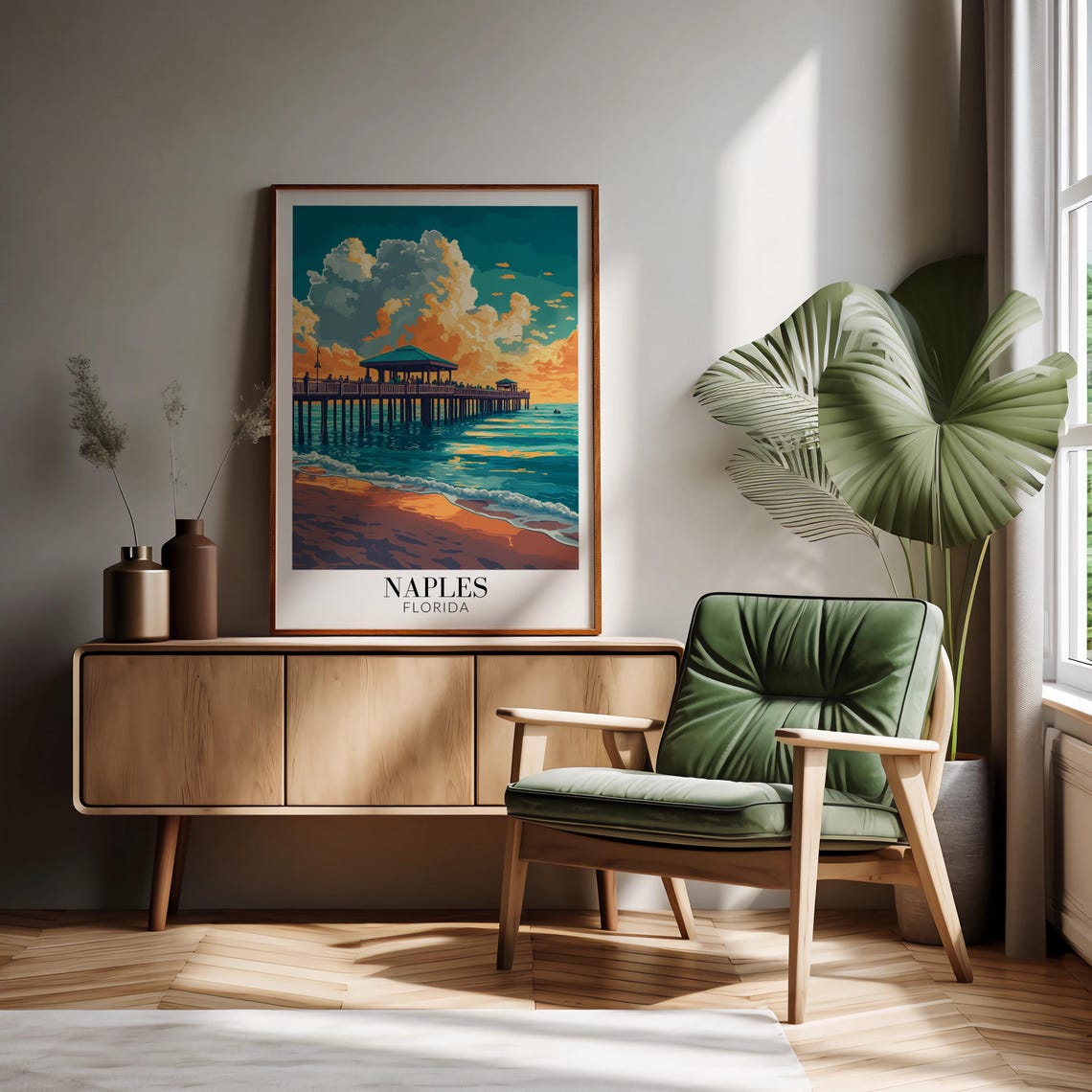 Naples Florida Pier At Sunset Golden Clouds Ocean Waves Travel Poster - Image 4