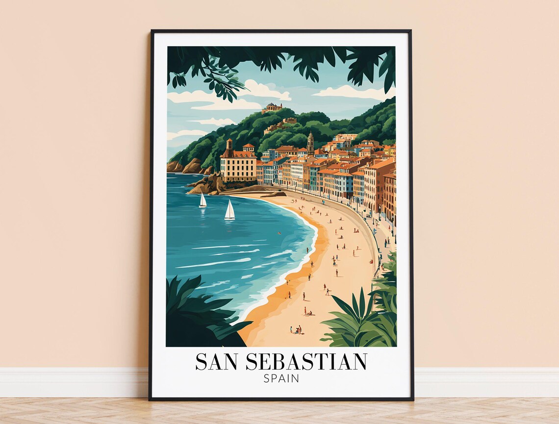 San Sebastian Spain Golden Sandy Beach Promenade Travel Poster