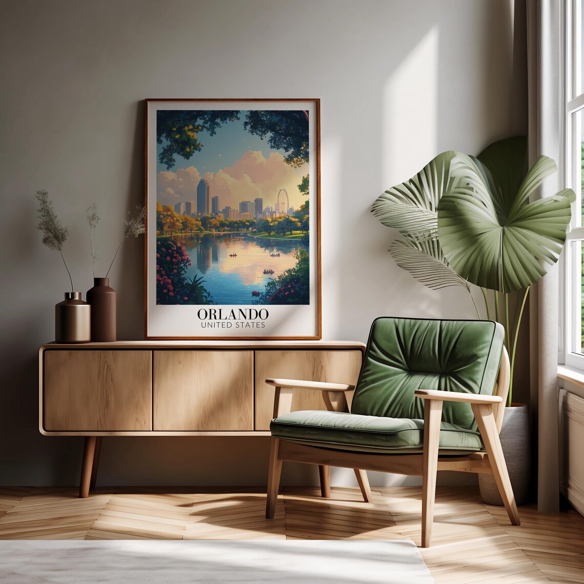 Orlando Downtown Ferris Wheel Lake Sunset Boats Travel Poster - Image 2