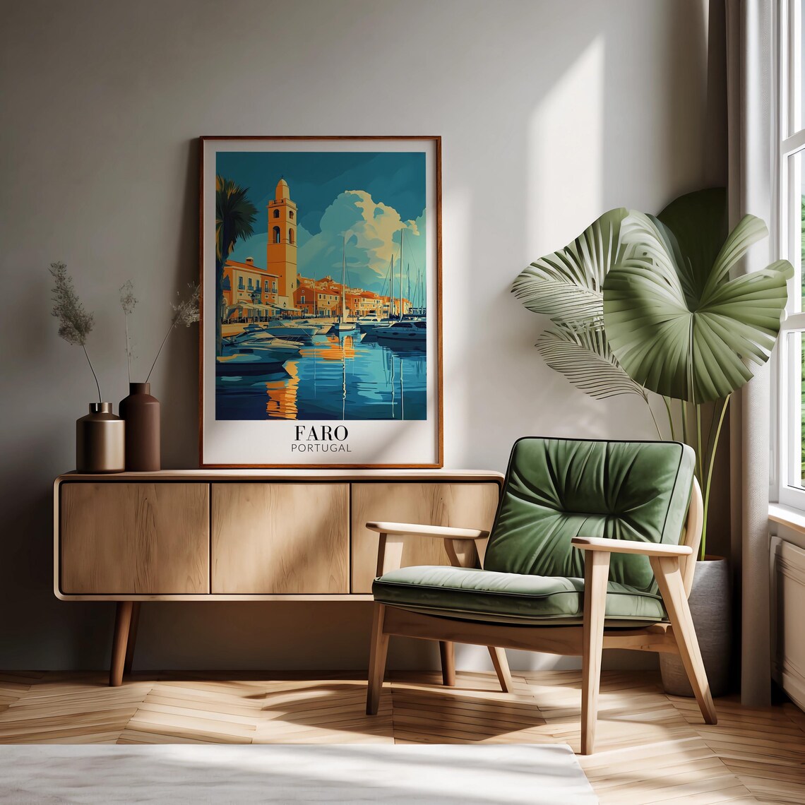 Faro Marina Portugal Sailboats Bell Tower Stylized Teal Poster - Image 3