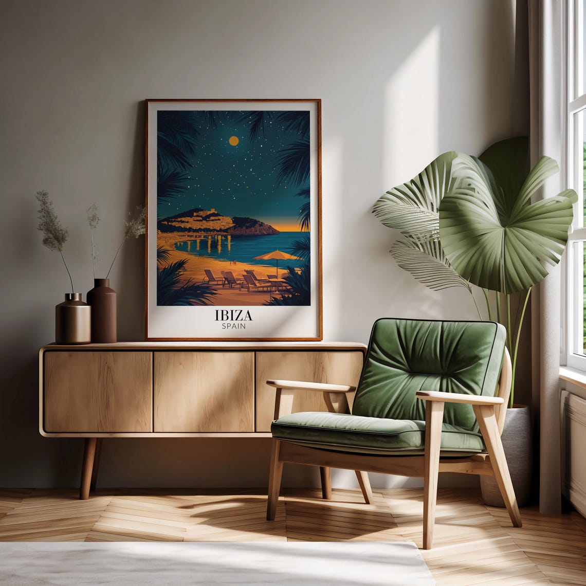 Starlit Ibiza Spain Night Beach Palm Tree Silhouette Art Poster - Image 2