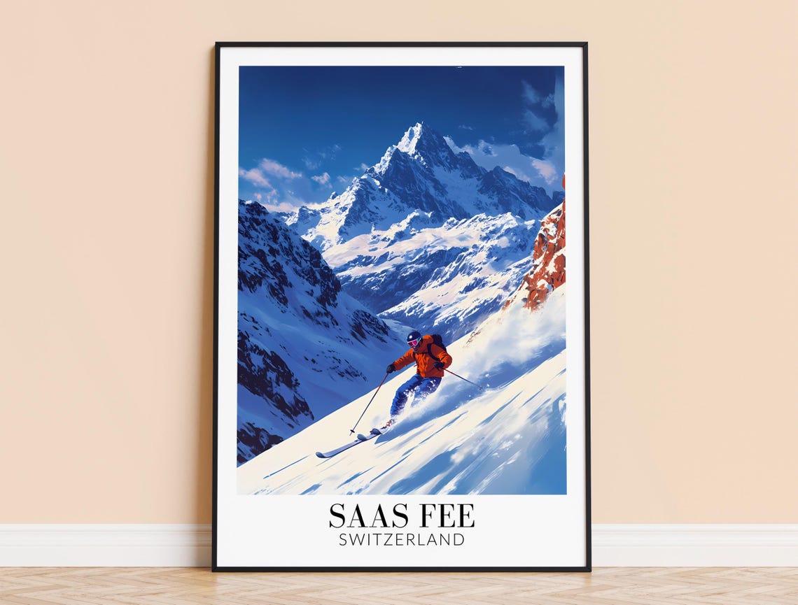 Saas Fee Switzerland Powder Skier Under Deep Blue Sky Poster