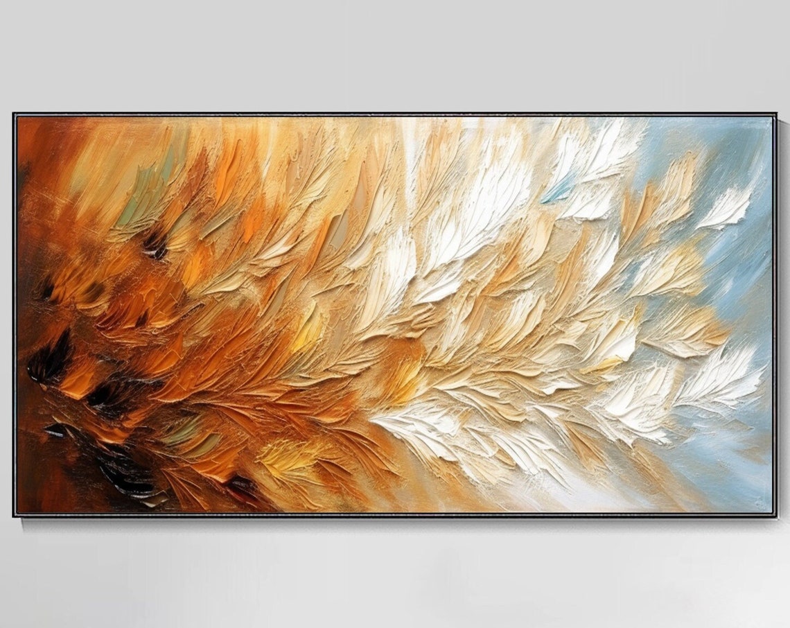 Warm Amber Abstract Feather Texture Thick Oil Painting Art Print