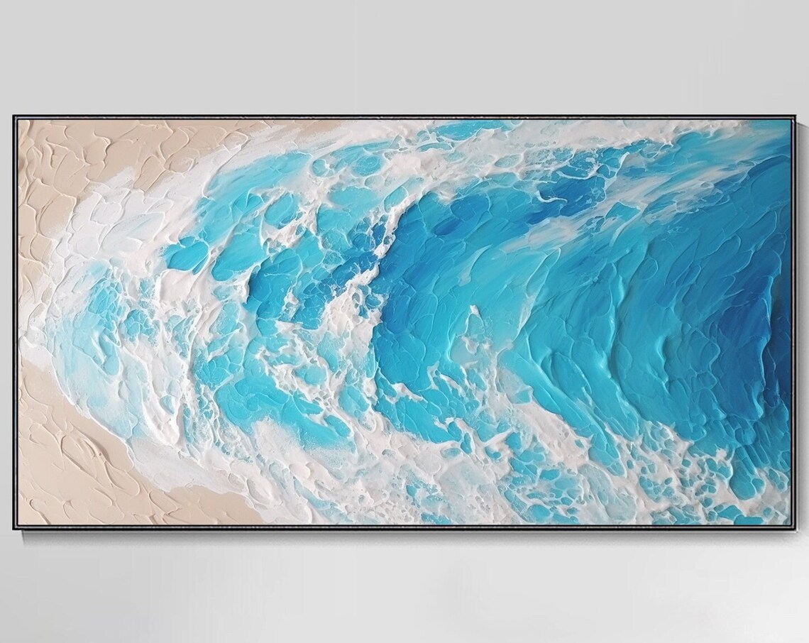 Turquoise Ocean Wave Aerial View Crashing Beach Surf Oil Painting Poster