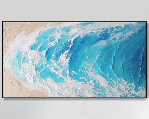 Turquoise Ocean Wave Aerial View Crashing Beach Surf Oil Painting Poster