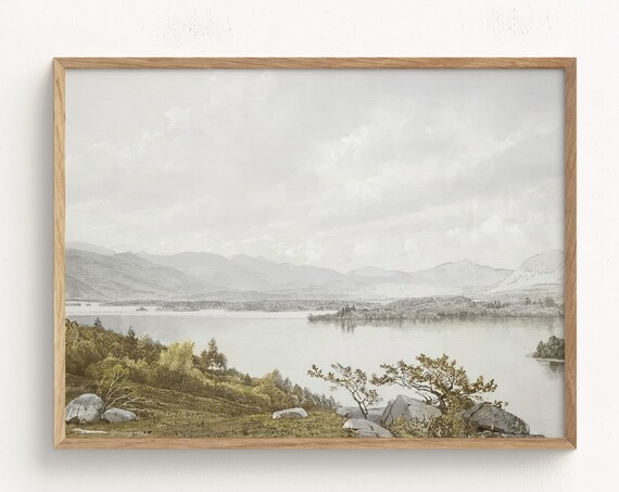 Vintage Minimalist Lake Shore Painting Print Moody Mountain Wall Art Lake House Wall Art Print Rustic Mountain Landscape A56