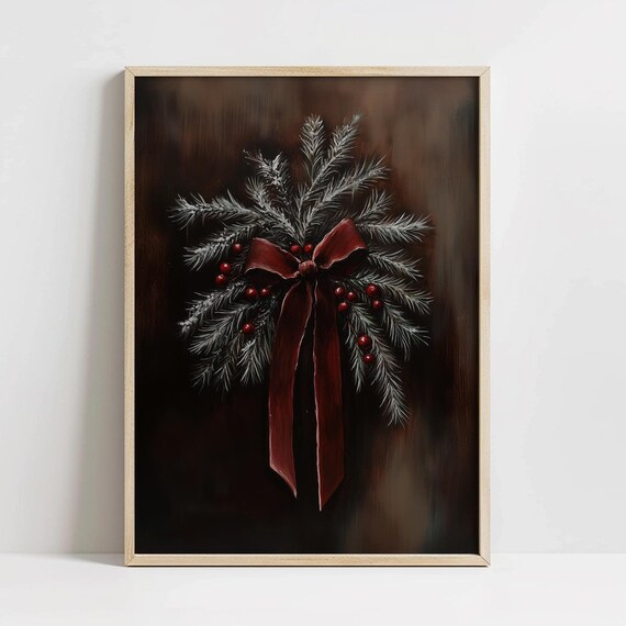 Moody Christmas Pine Branches Red Ribbon Vintage Holiday Poster