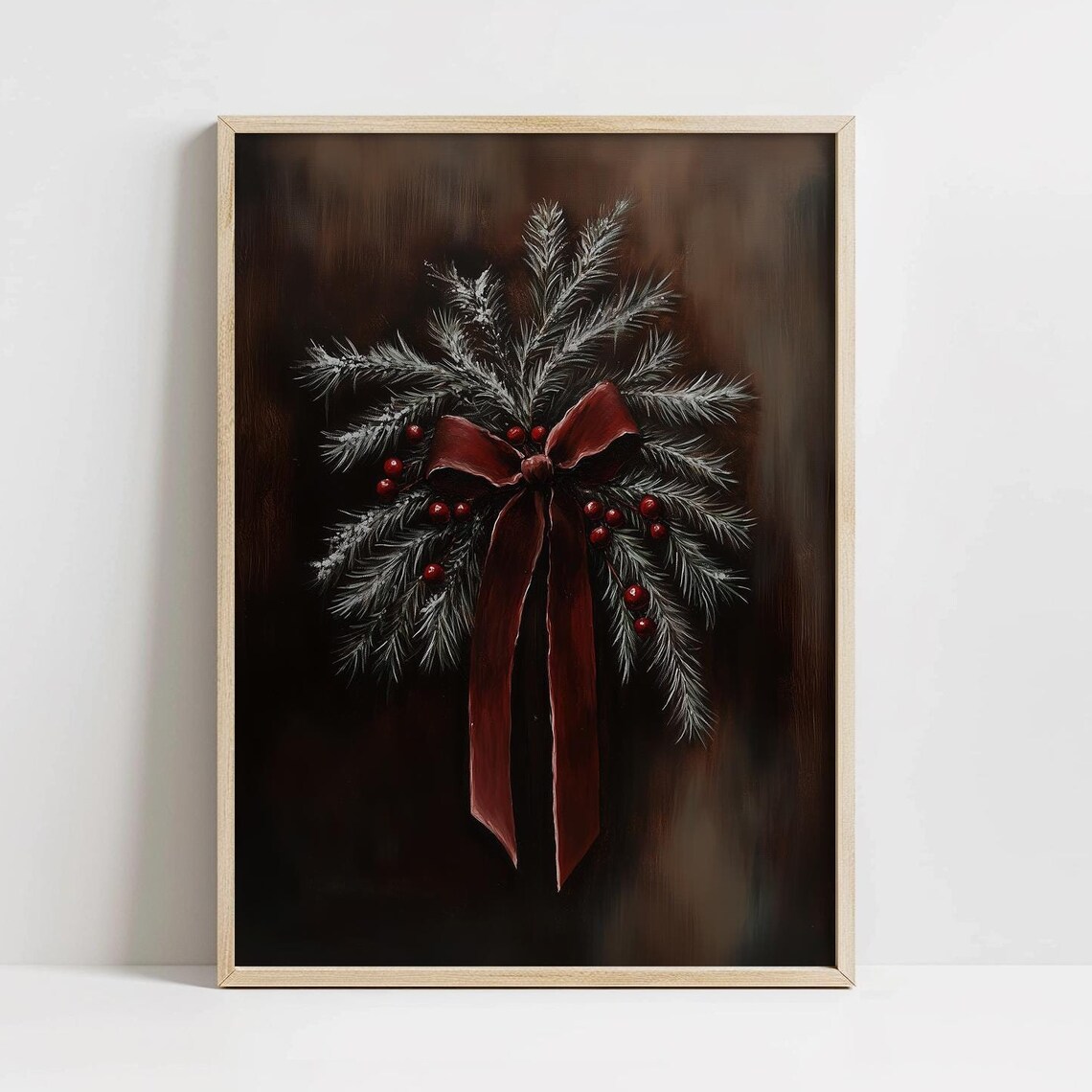 Moody Christmas Pine Branches Red Ribbon Vintage Holiday Poster