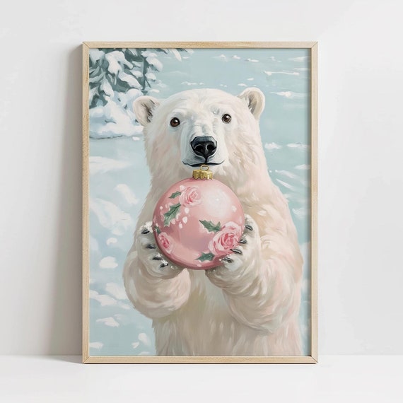 Cute Winter Polar Bear Art Pink Ornament Painting Holiday Nursery Decor Seasonal Pastel Christmas Cozy