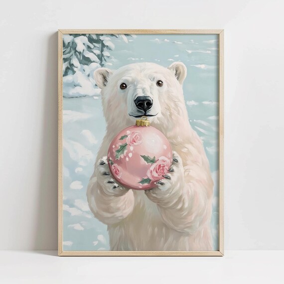 Polar Bear Holding Pink Christmas Ornament Winter Oil Painting Poster