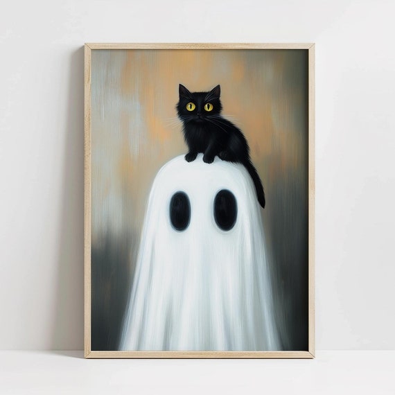 Cute And Black Cat Halloween Art Vintage Cottage Spooky Season Kitten Nursery Print