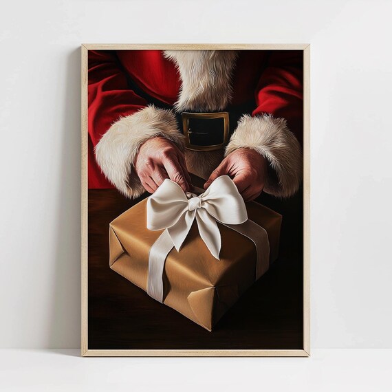 Santa Wrapping Presents Vintage Rustic Christmas Gift Holiday Poster