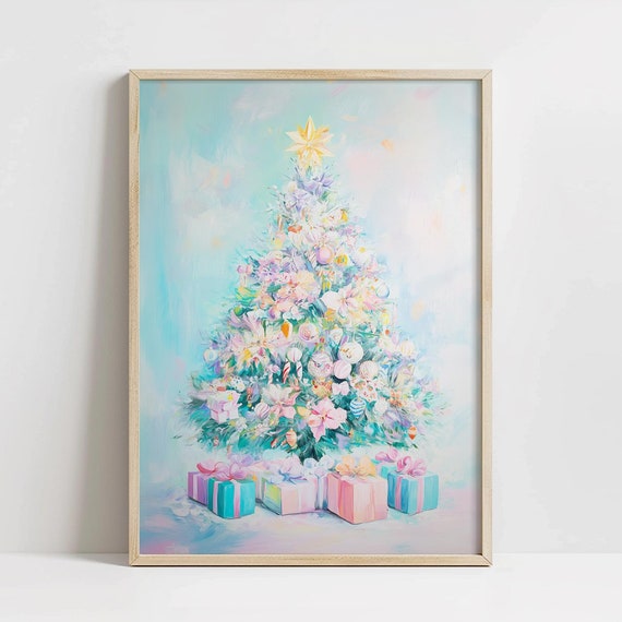 Sweet Pastel Christmas Tree Wall Art Winter Nursery Pink Decor Seasonal Holiday Cute Prints