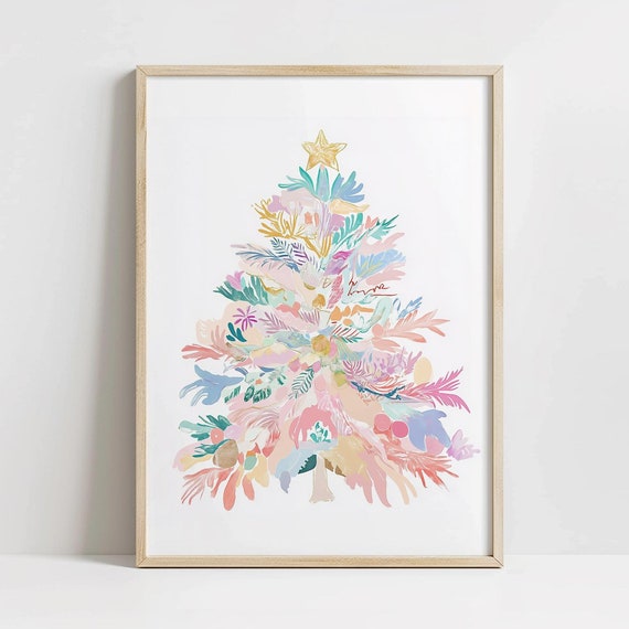 Delicate Pastel Christmas Tree Wall Art Winter Nursery Pink Decor Seasonal Holiday Cute Print