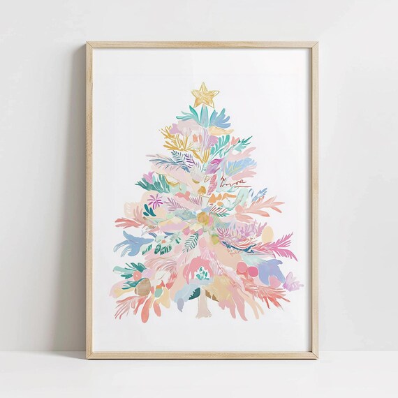 Pastel Pink Christmas Tree Watercolor Nursery Holiday Wall Art