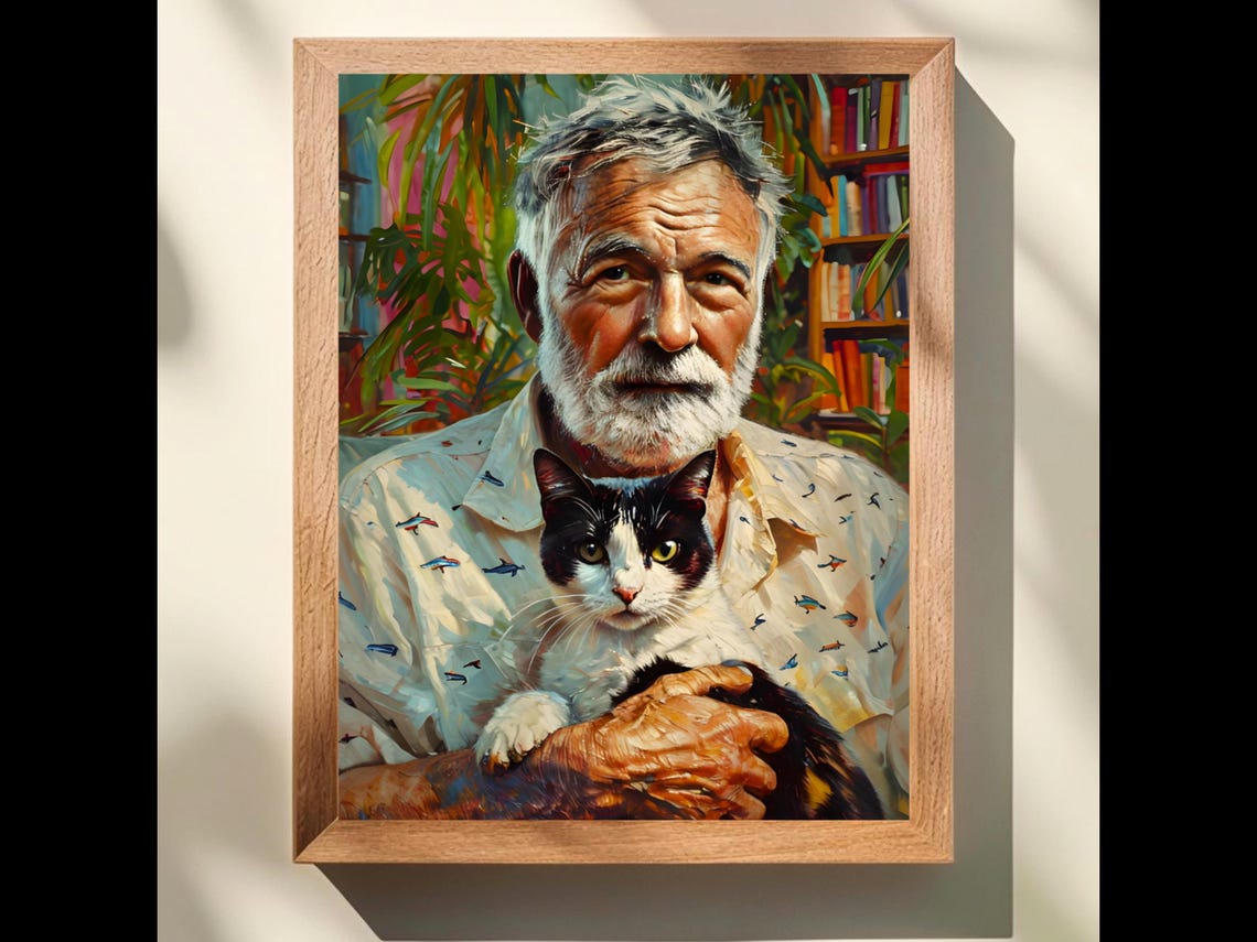 Ernest Hemingway Holding Cat Library Impasto Painting Poster