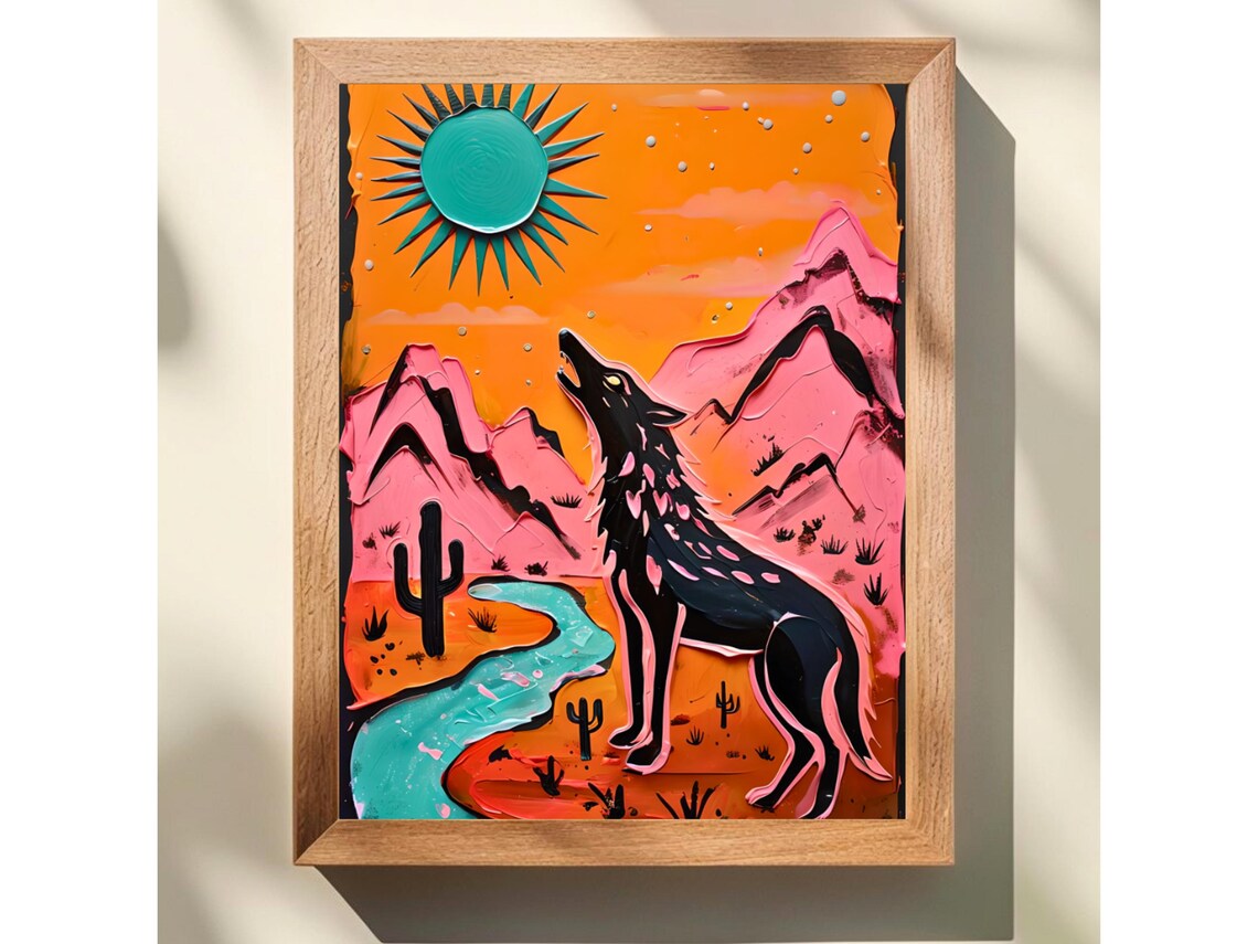 Sonoran Desert Wall Art Mexican Gray Wolf Print Impasto Painting Landscape Dopamine Decor Howling Artwork
