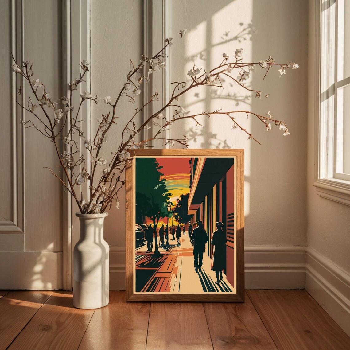 Retro City Street Sunset Crowd Silhouette Urban Scene Poster - Image 5