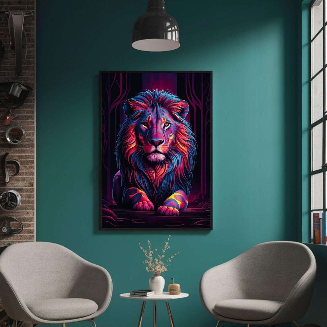 Neon Pink Lion Forest Night Colorful Abstract Wildlife Poster - Image 3