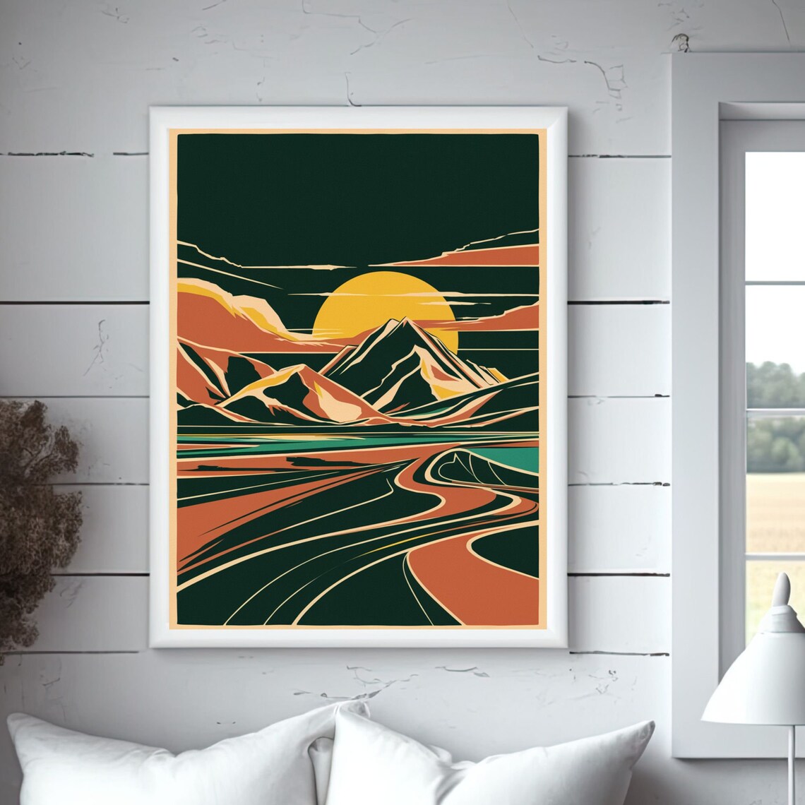 Retro Mountain Sunset Winding Road Valley Minimalist Nature Poster