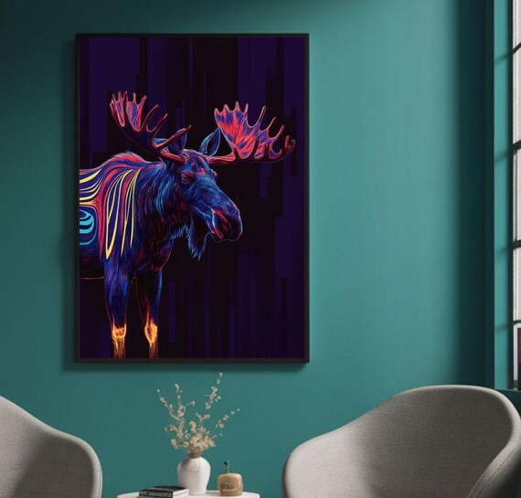 Neon Blue Moose Antlers Dark Purple Wildlife Abstract Poster