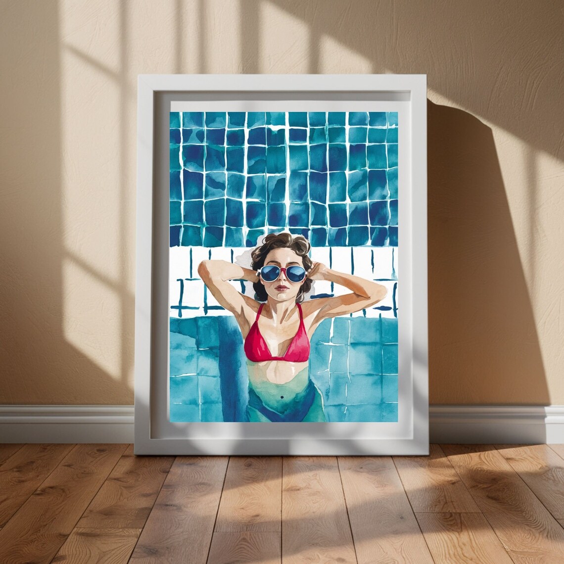 Woman In Red Bikini Sunglasses Blue Tile Pool Watercolor Poster