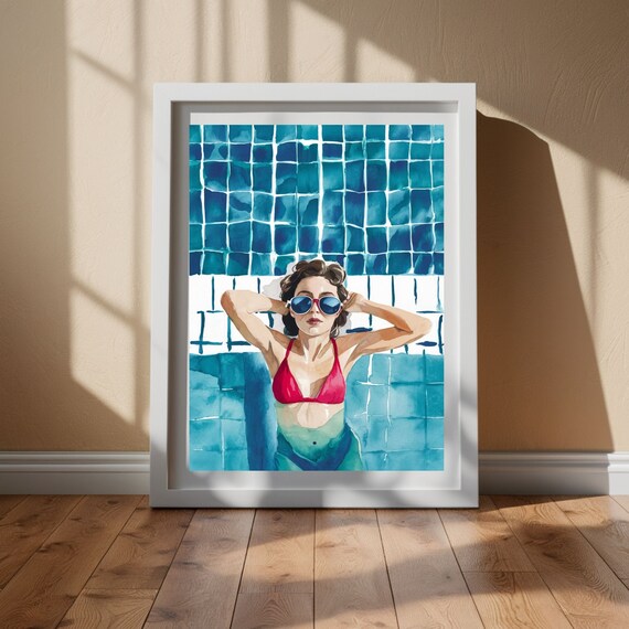 Woman In Red Bikini Sunglasses Blue Tile Pool Watercolor Poster