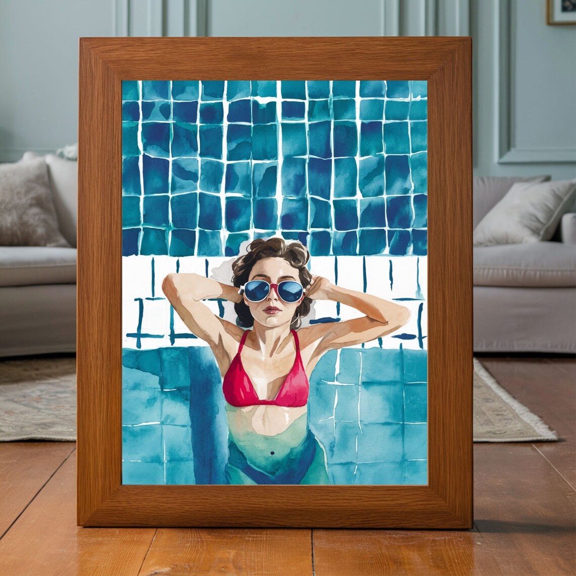 Woman In Red Bikini Sunglasses Blue Tile Pool Watercolor Poster - Image 5
