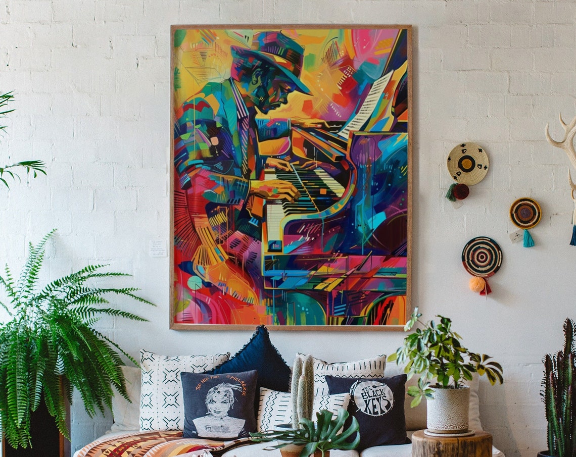 Bold Colorful Jazz Pianist Pop Art Poster With Neon Music Energy