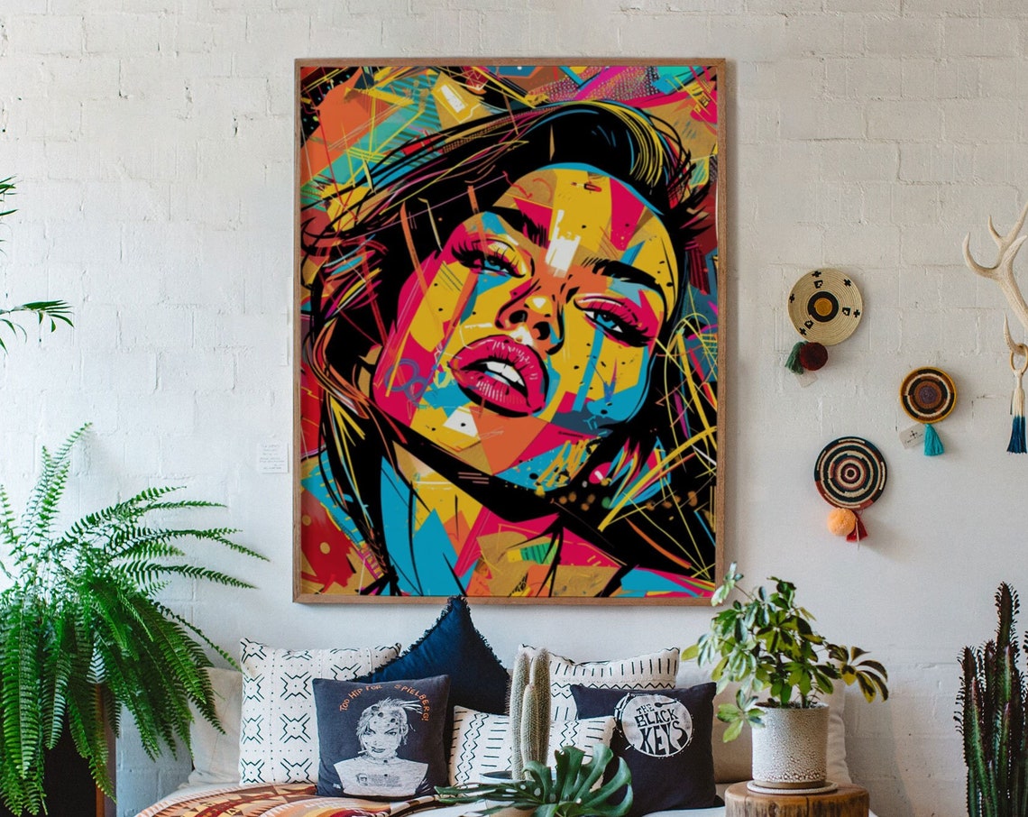 Neon Graffiti Woman Face Pop Art Poster With Paint Drip Details