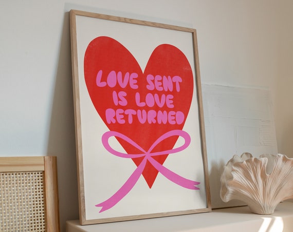 Romantic Love Sent Love Returned Poster Pink Red Wall Art Cute Heart Trendy Bedroom Print Valentines Day Bf Gf Relationship Gift
