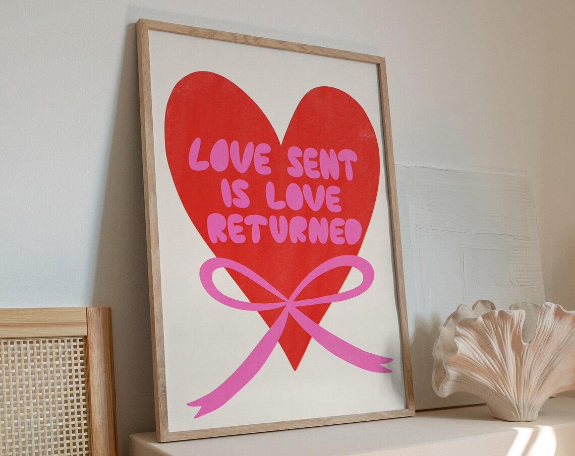 Love Sent Is Love Returned Red Heart Ribbon Valentine Quote Poster