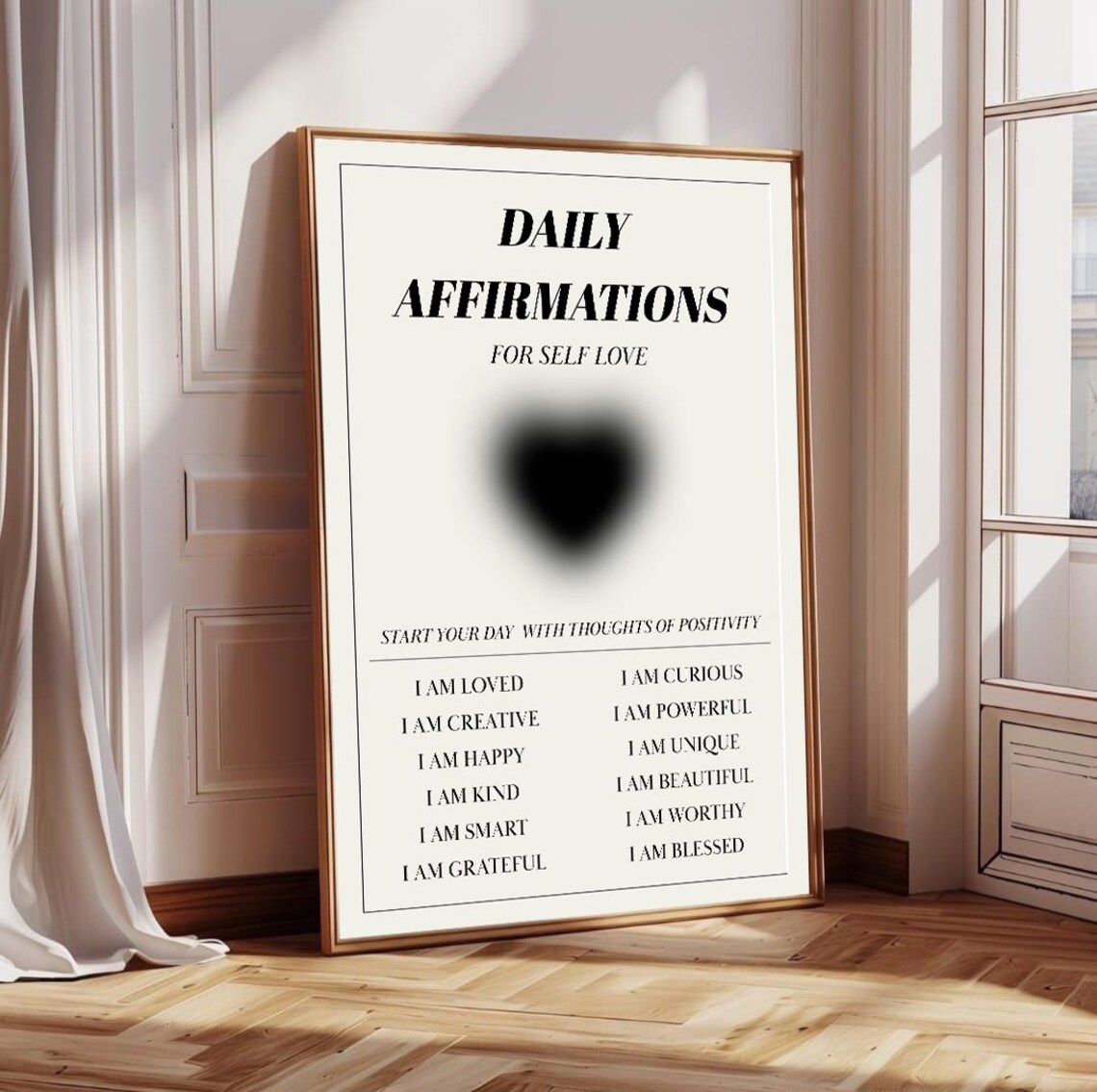 Daily Affirmations for Self Love Black Heart Inspirational Poster