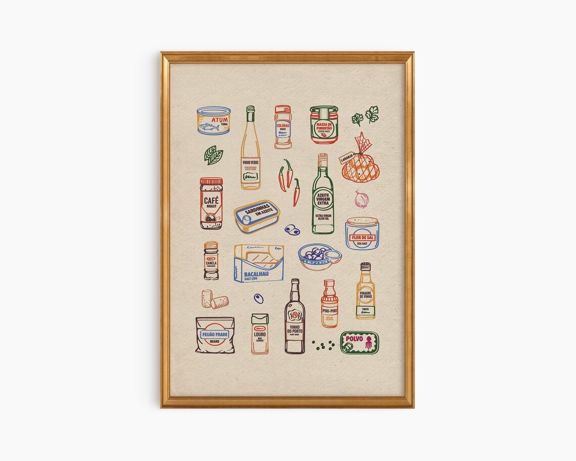 Portugal Pantry Art Hand Drawn Lisbon Kitchen Illustration Grocery Poster