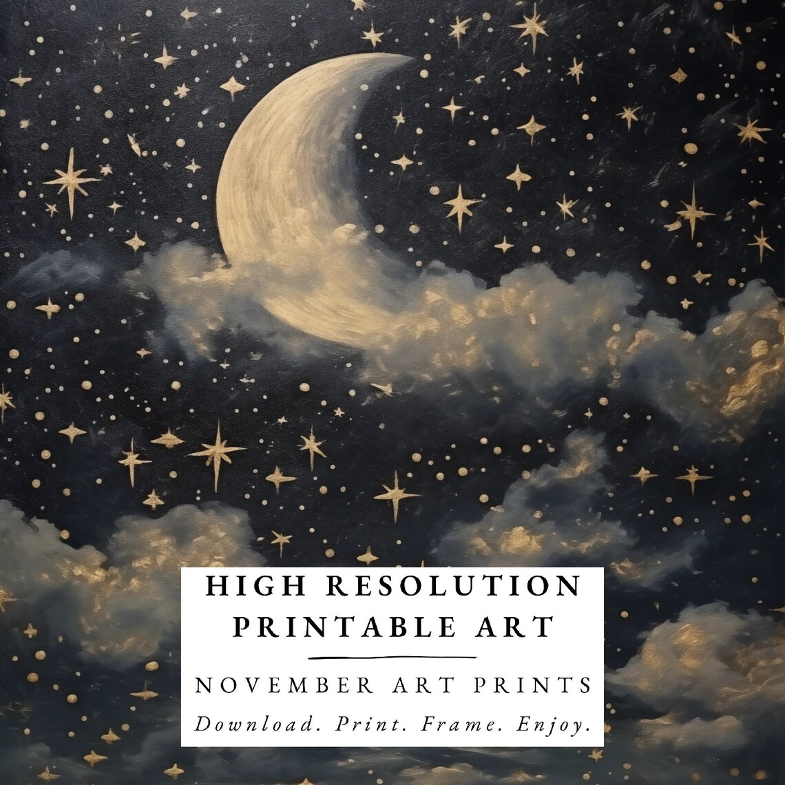 Crescent Moon Starry Night Sky Vintage Painting Midnight Moon Wall Art Evening Sky Print Celestial Artwork Dark Academia Decor - Image 6