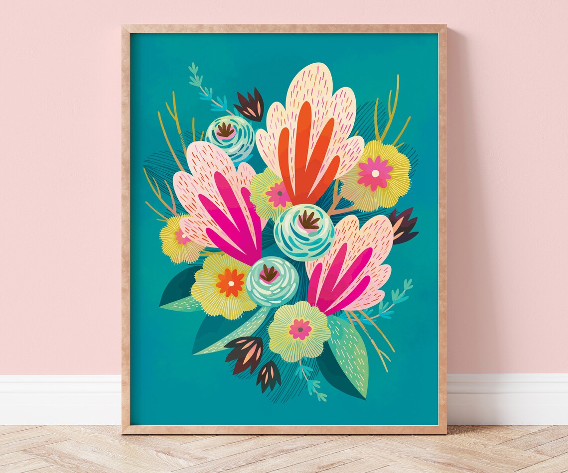 Colorful Flowers Art Print, Botanical Wall Decor