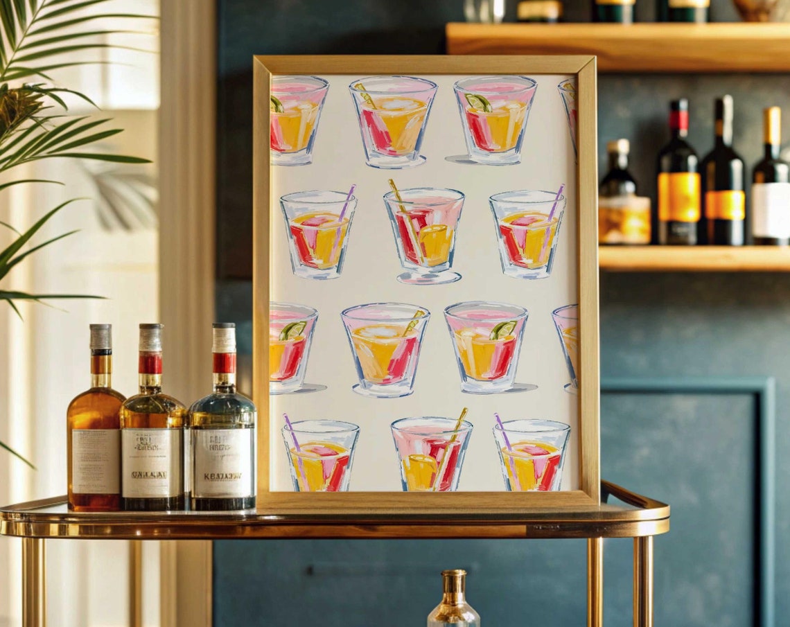 Sunny Pink Orange Cocktail Glasses Repeat Pattern Bar Poster