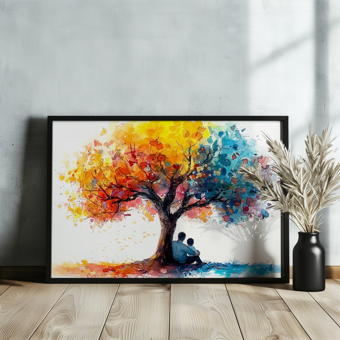 Colorful Rainbow Tree Parent Child Silhouette Watercolor Poster - Image 3