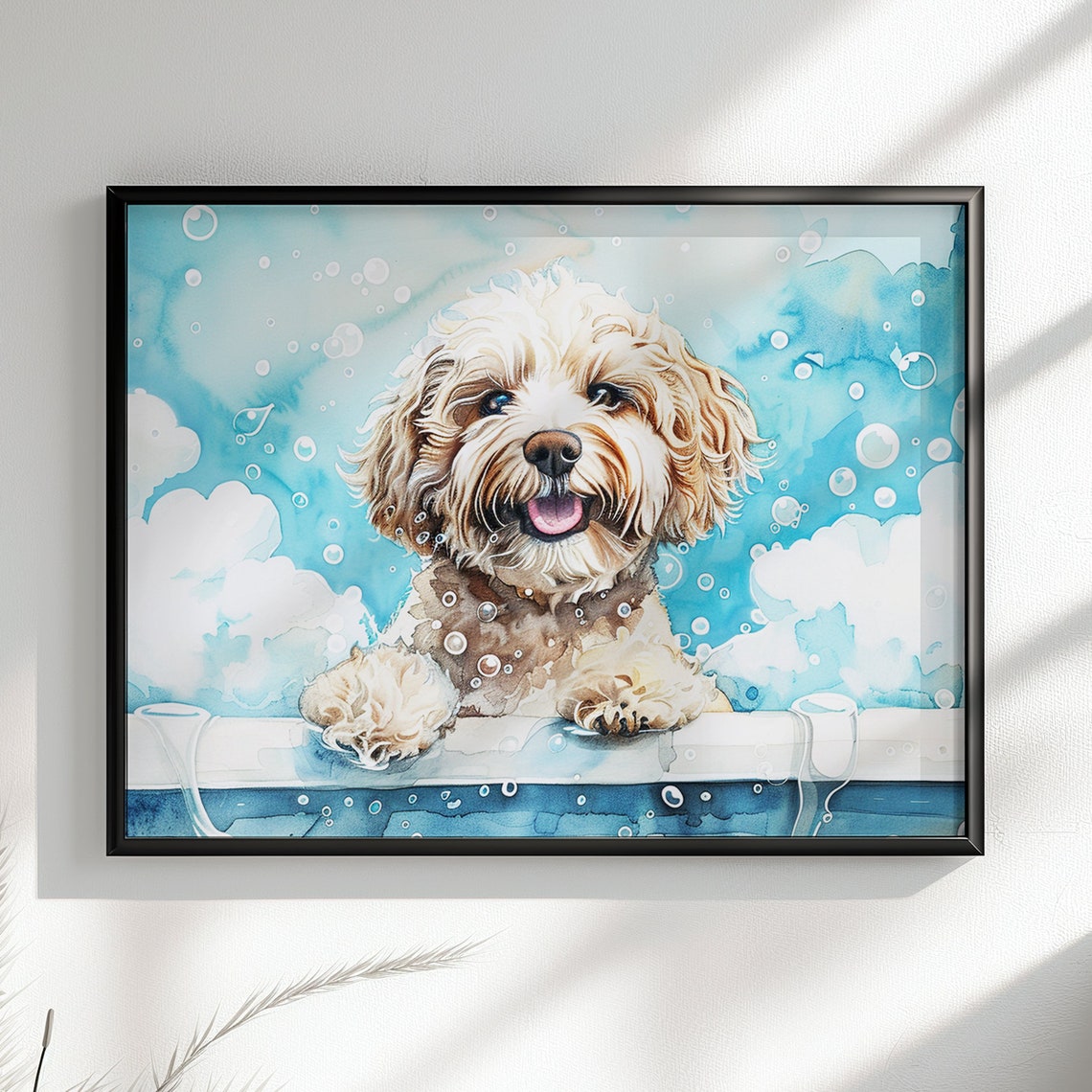 White Cockapoo Puppy Bubble Bath Blue Watercolour Dog Art Poster