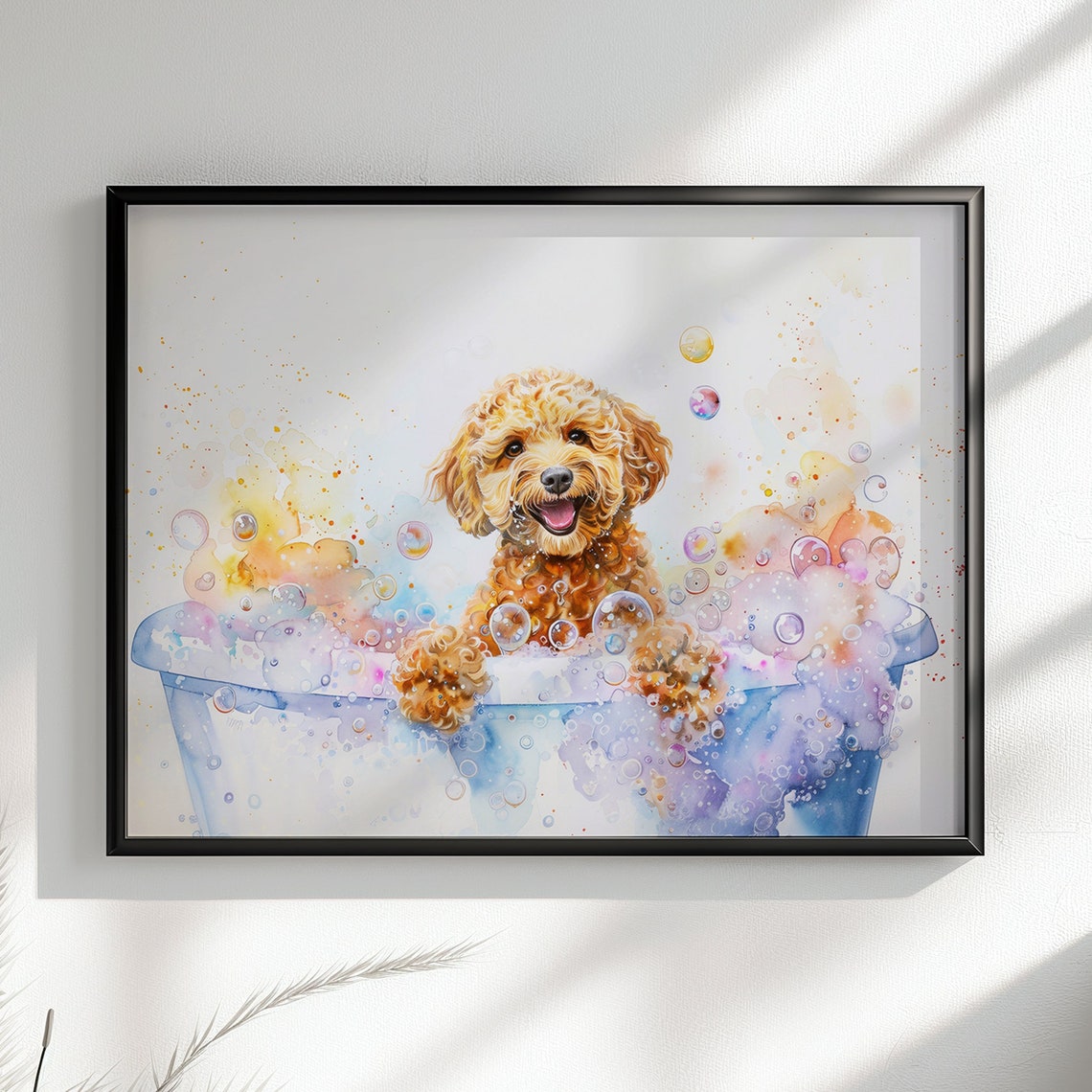 Golden Cockapoo Puppy Bath Time Colourful Watercolour Pet Poster