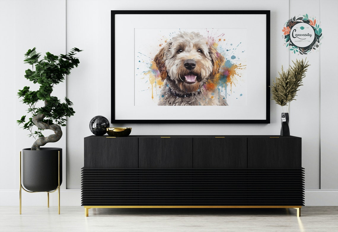 Smiling White Doodle Dog Portrait With Bright Paint Drips Art Poster - Image 3
