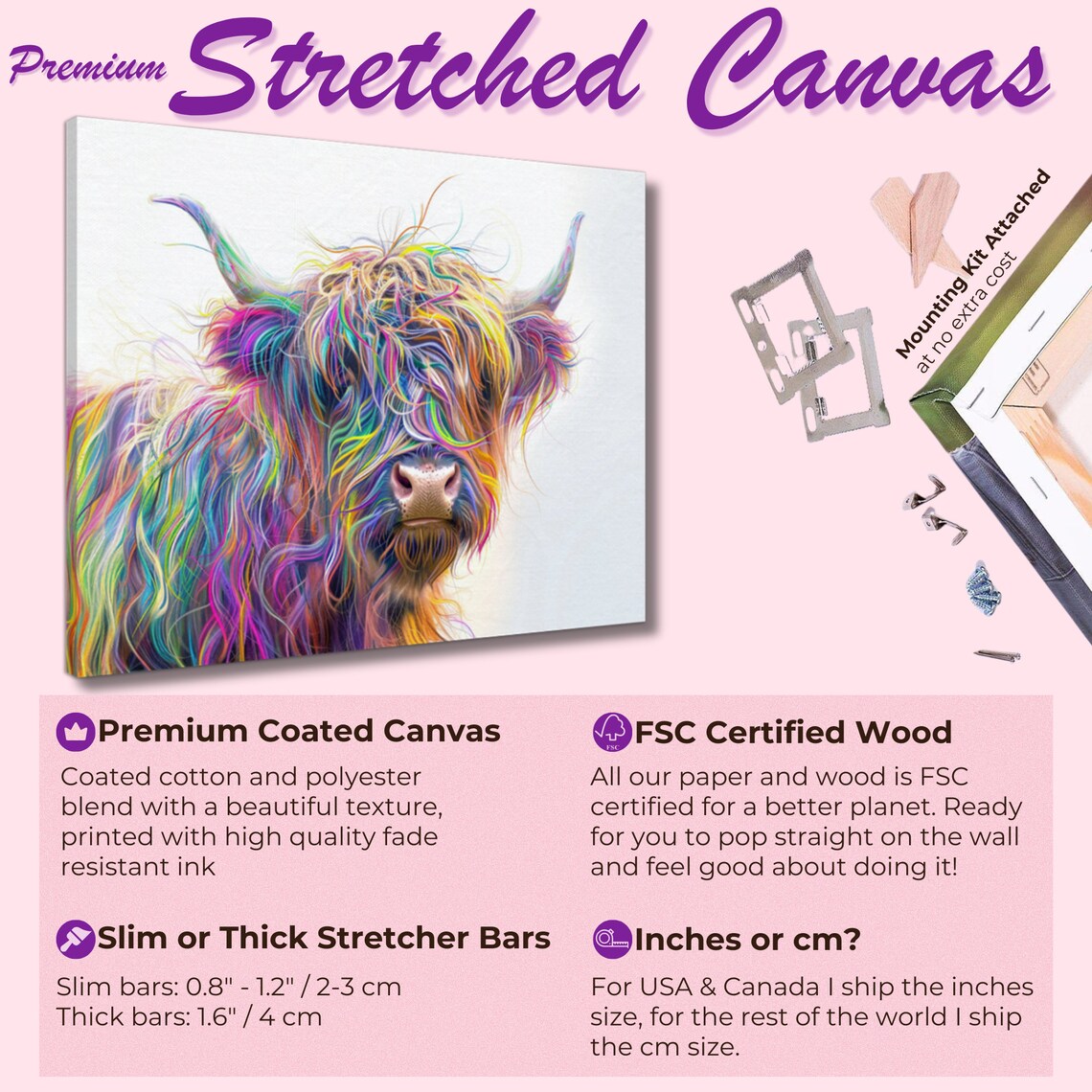 Highland Cow Neon Rainbow Hair Vibrant Shaggy Scottish Cow Art Poster - Image 2