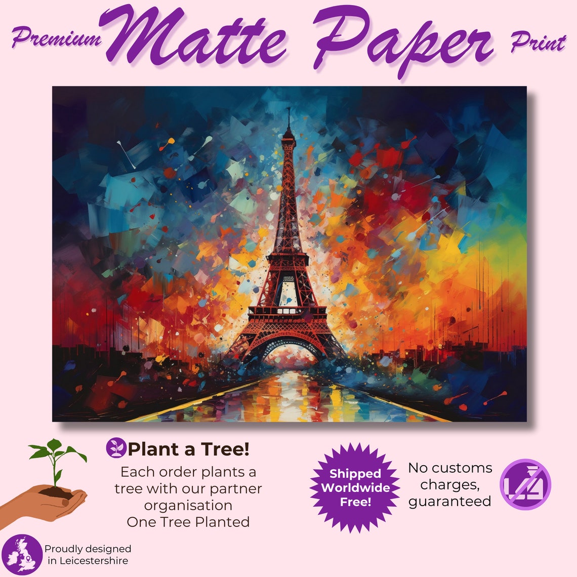 Eiffel Tower at Night Riverside Reflections Colorful Art Poster - Image 3